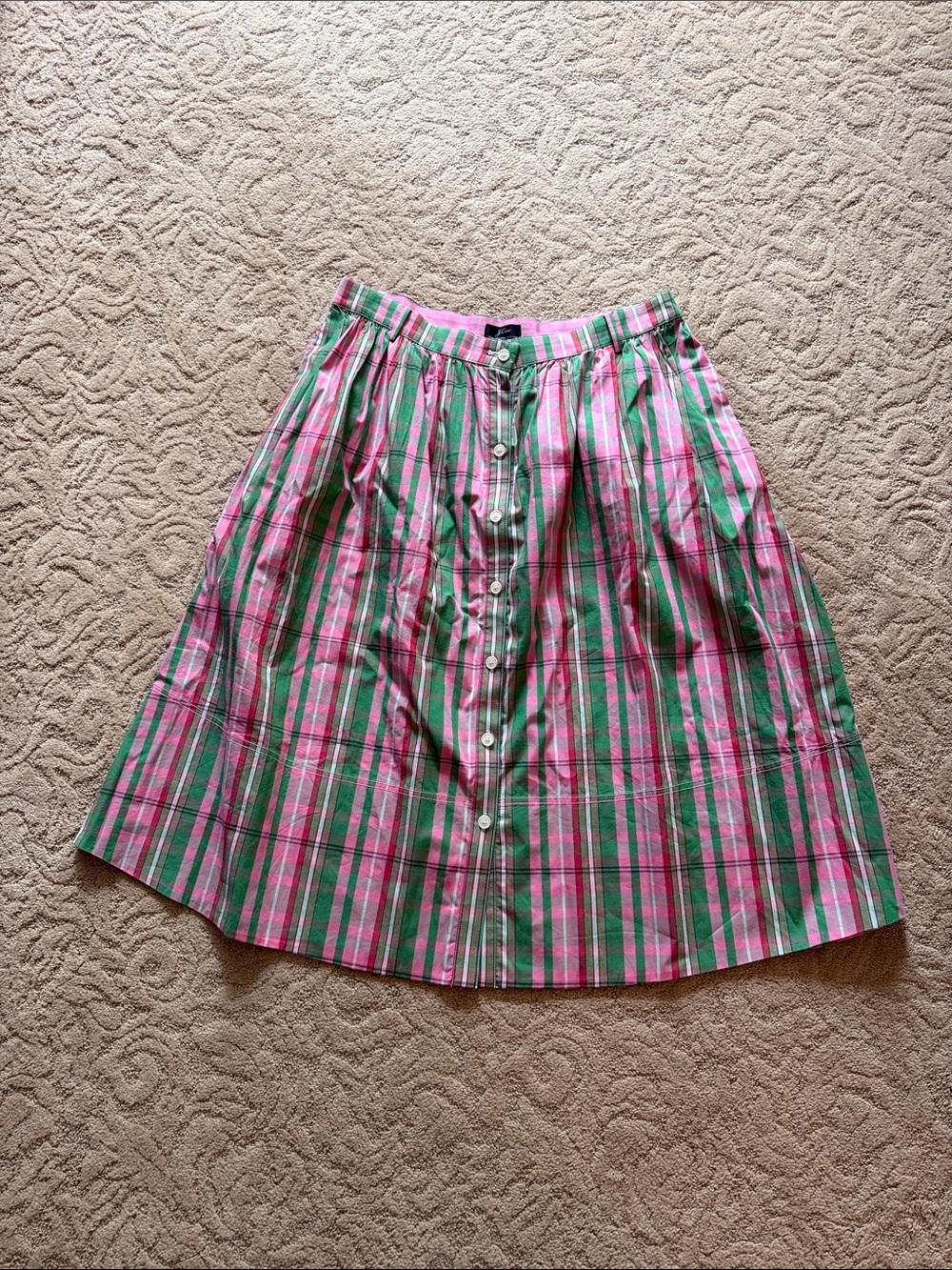 J.Crew Pink & Green Plaid Button-Front Cotton Sateen Skirt